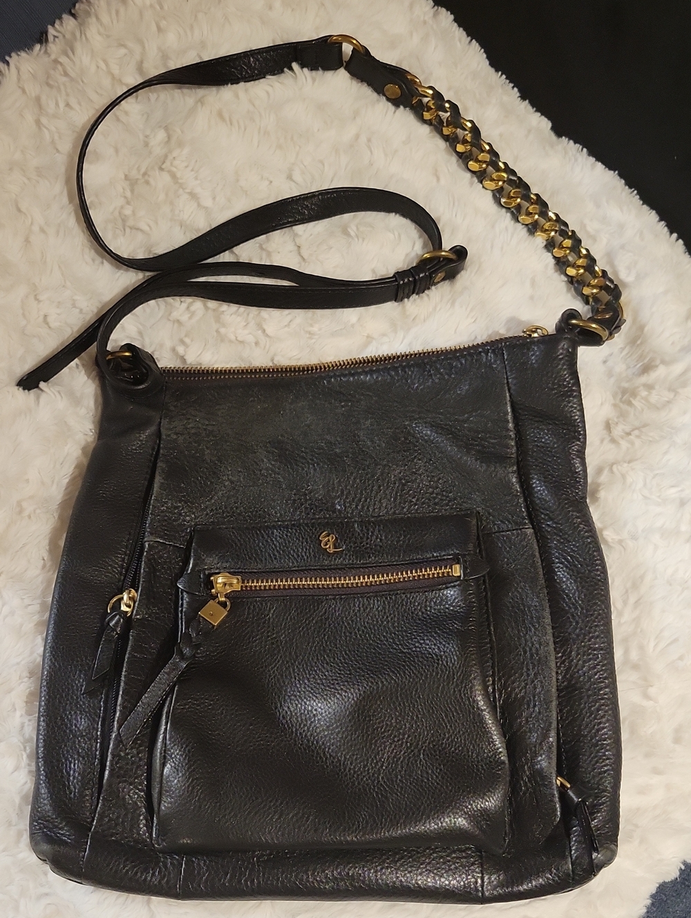 Elliott Lucca Black Pebnke Leather Goldtone Crossbody Handbag